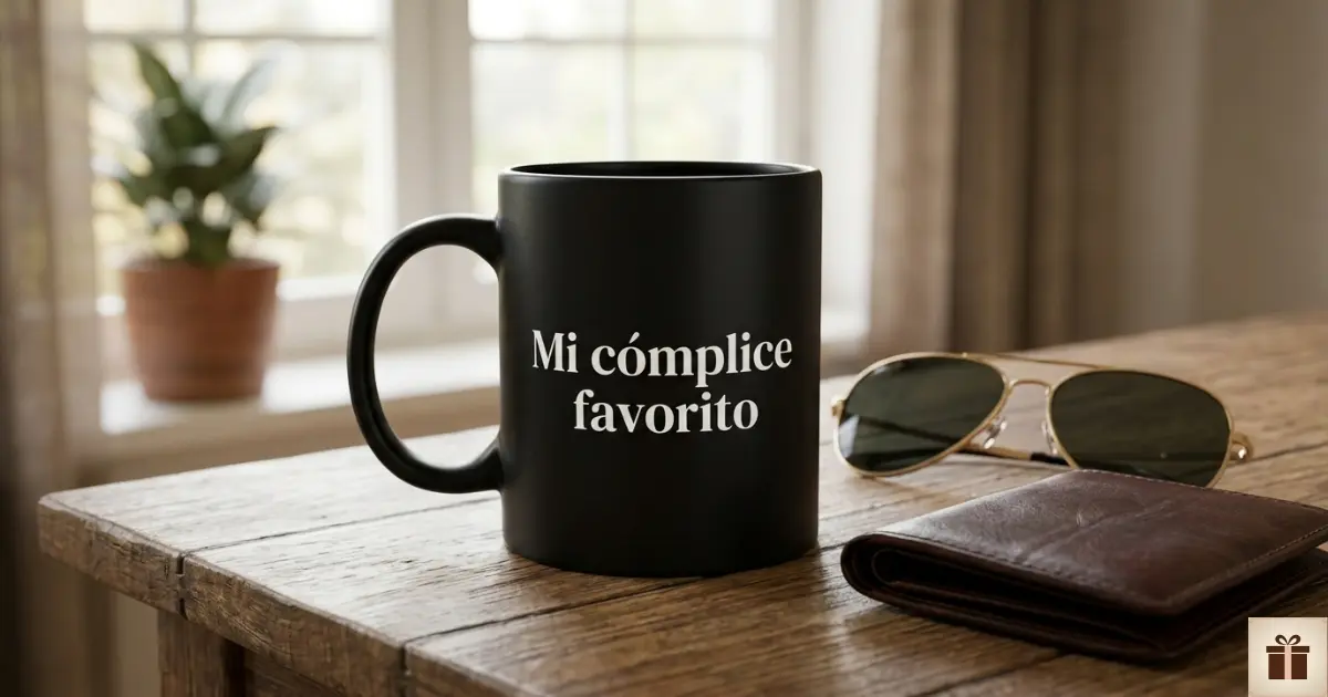 Taza negra con la frase "Mi cómplice favorito" para un tío, junto a unas gafas de sol en una mesa de madera