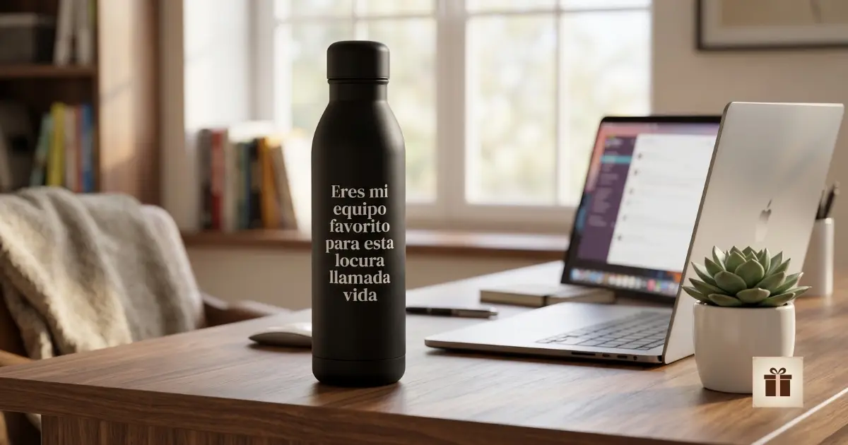 Sorprende a tu esposo con un regalo útil y original Termo negro sobre escritorio con frase