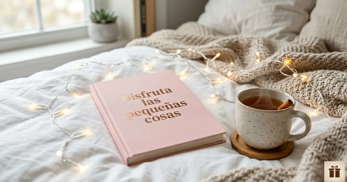 Libreta rosa sobre cama con frase