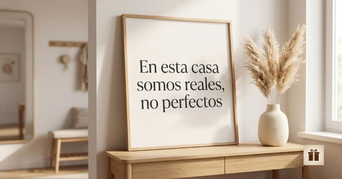 Cuadro de madera con frase sobre mueble