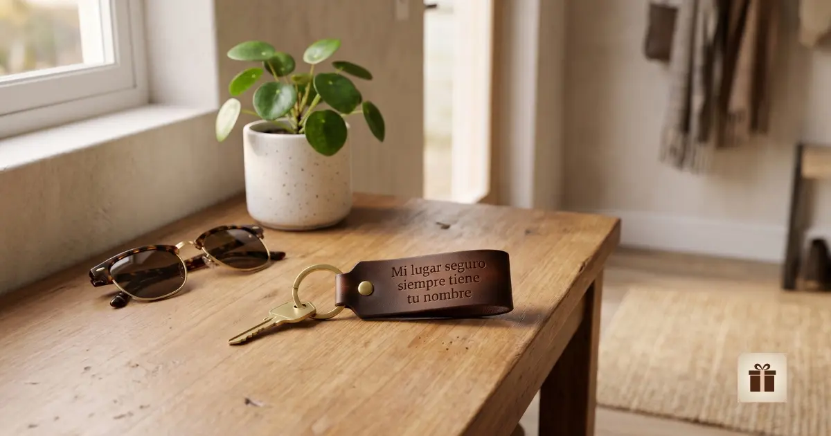 Encuentra la frase perfecta para tu llavero Llavero de cuero sobre mueble con frase