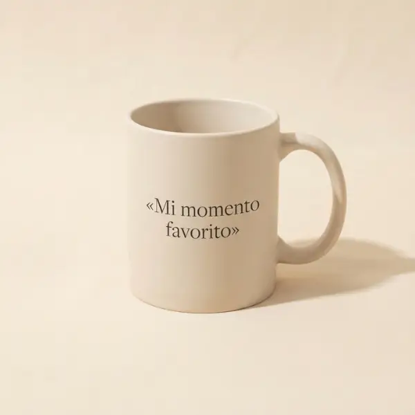 Taza de cerámica crema con la frase «Mi momento favorito»