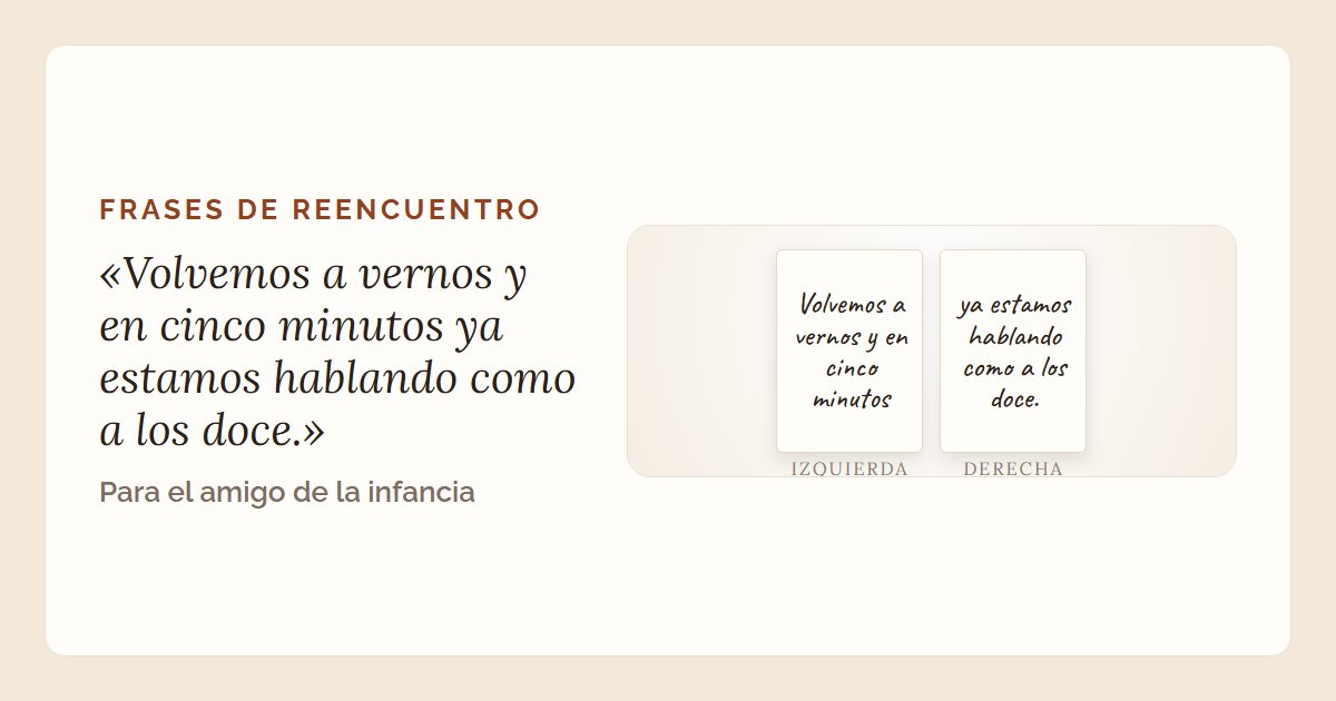 La frase «Volvemos a vernos y en cinco minutos ya estamos hablando como a los doce.» en una tarjeta doble escrita a mano